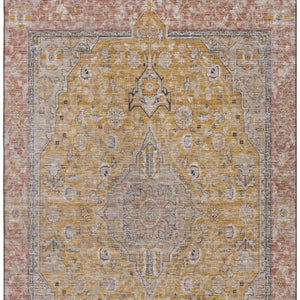 HomeRoots 5' X 8' Floral Medallion Washable Area Rug in Gold, Copper & Gray - UV Protected, Stain-Resistant Design 696106