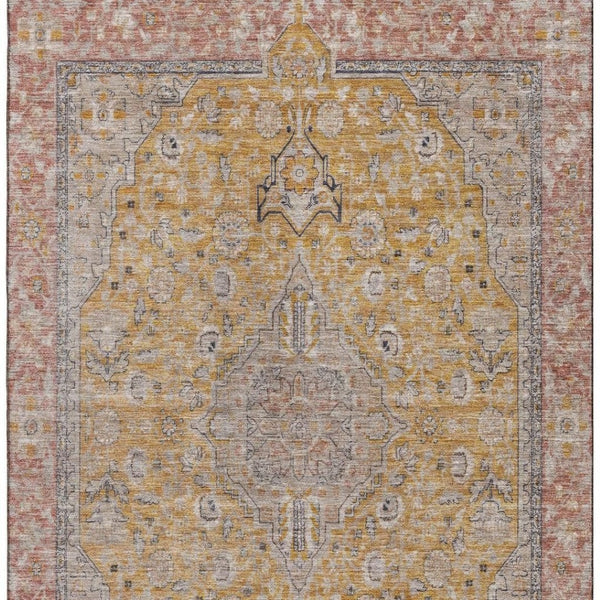 HomeRoots 5' X 8' Floral Medallion Washable Area Rug in Gold, Copper & Gray - UV Protected, Stain-Resistant Design 696106