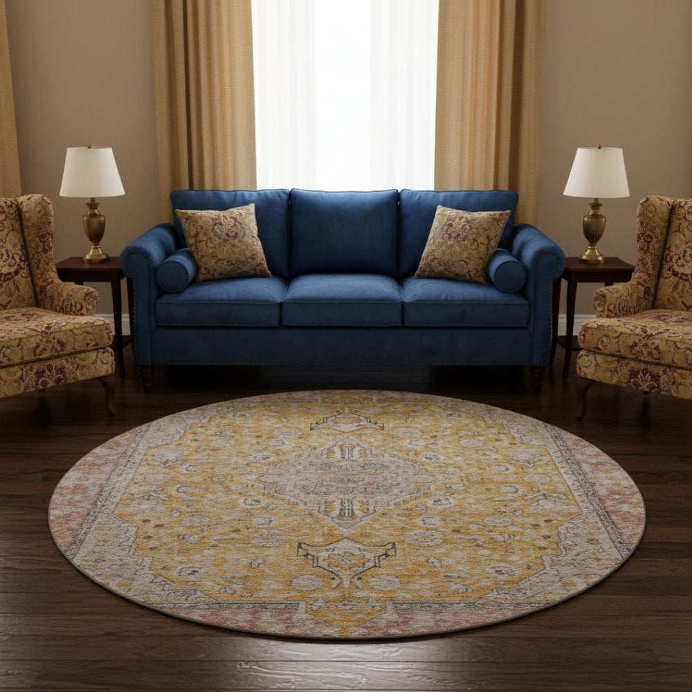 HomeRoots 8' Gold Copper & Gray Floral Medallion Washable Round Rug – UV Protection, Durable & Stylish Decor 696107