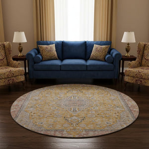 HomeRoots 8' Gold Copper & Gray Floral Medallion Washable Round Rug – UV Protection, Durable & Stylish Decor 696107