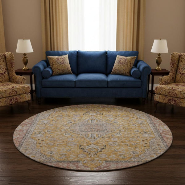 HomeRoots 8' Gold Copper & Gray Floral Medallion Washable Round Rug – UV Protection, Durable & Stylish Decor 696107