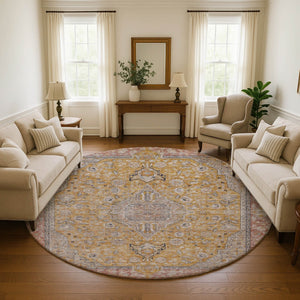 HomeRoots 8' Gold Copper & Gray Floral Medallion Washable Round Rug – UV Protection, Durable & Stylish Decor 696107