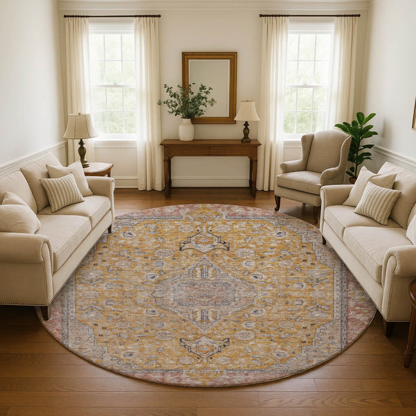 HomeRoots 8' Gold Copper & Gray Floral Medallion Washable Round Rug – UV Protection, Durable & Stylish Decor 696107