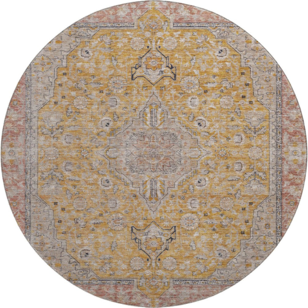 HomeRoots 8' Gold Copper & Gray Floral Medallion Washable Round Rug – UV Protection, Durable & Stylish Decor 696107
