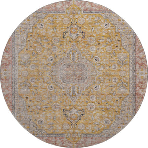 HomeRoots 8' Gold Copper & Gray Floral Medallion Washable Round Rug – UV Protection, Durable & Stylish Decor 696107
