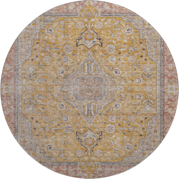 HomeRoots 8' Gold Copper & Gray Floral Medallion Washable Round Rug – UV Protection, Durable & Stylish Decor 696107