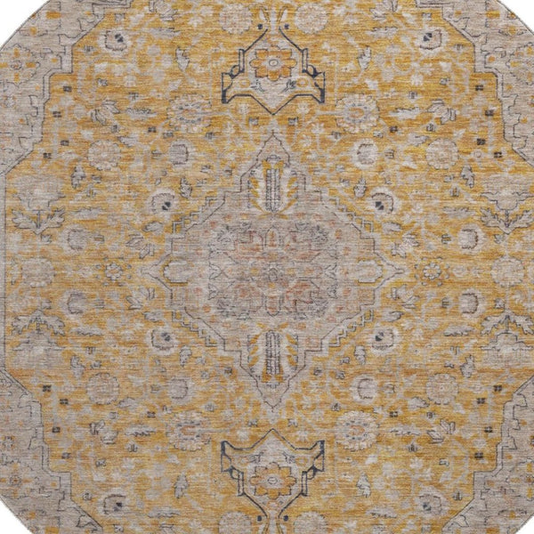 HomeRoots 8' Gold Copper & Gray Floral Medallion Washable Round Rug – UV Protection, Durable & Stylish Decor 696107