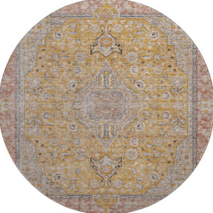 HomeRoots 8' Gold Copper & Gray Floral Medallion Washable Round Rug – UV Protection, Durable & Stylish Decor 696107