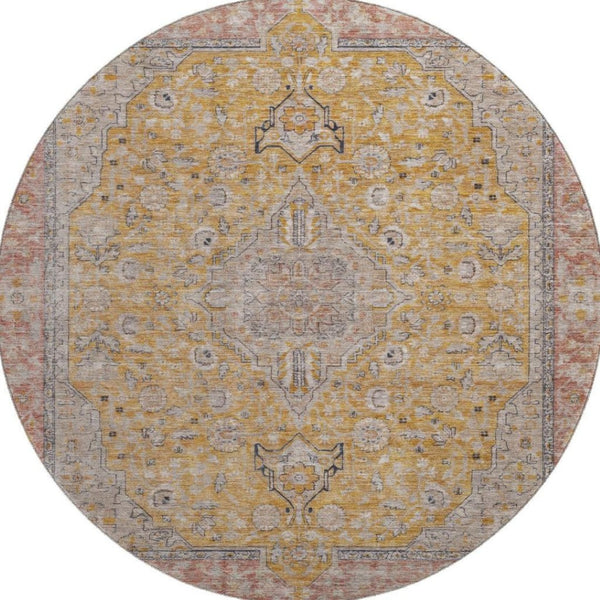HomeRoots 8' Gold Copper & Gray Floral Medallion Washable Round Rug – UV Protection, Durable & Stylish Decor 696107