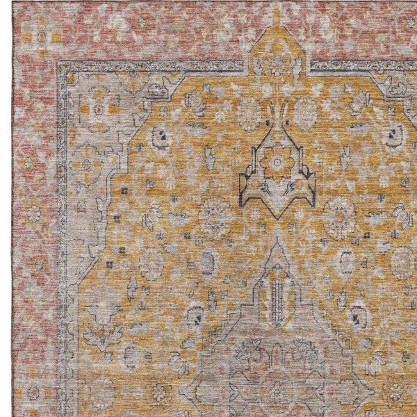 HomeRoots 9' X 12' Elegant Gold Copper Gray Floral Medallion Area Rug – Washable, Durable, UV Protected Design 696109