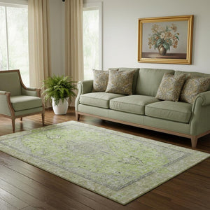 HomeRoots 5' x 8' Lime Green & Gray Floral Medallion Area Rug - Washable, UV Protected, Stain Resistant Design 696112