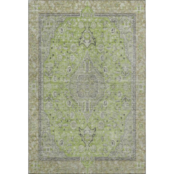 HomeRoots 5' x 8' Lime Green & Gray Floral Medallion Area Rug - Washable, UV Protected, Stain Resistant Design 696112