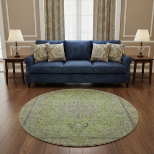 HomeRoots 8' Lime Green and Gray Floral Medallion Round Rug - Washable, UV-Protected, Non-Slip, Durable Design 696113