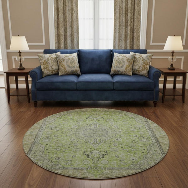 HomeRoots 8' Lime Green and Gray Floral Medallion Round Rug - Washable, UV-Protected, Non-Slip, Durable Design 696113