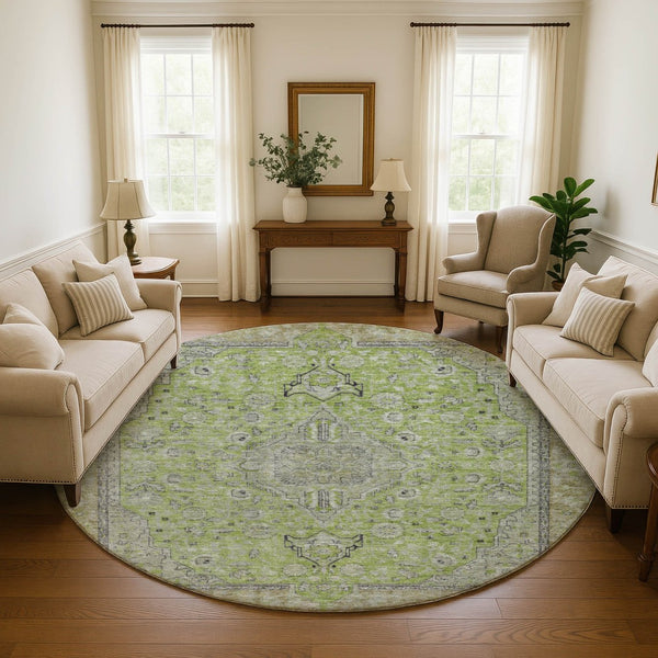 HomeRoots 8' Lime Green and Gray Floral Medallion Round Rug - Washable, UV-Protected, Non-Slip, Durable Design 696113
