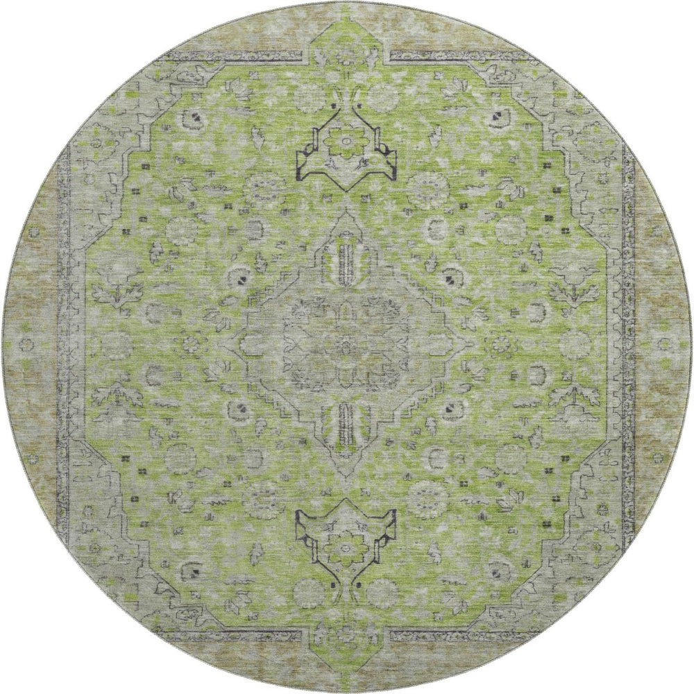 HomeRoots 8' Lime Green and Gray Floral Medallion Round Rug - Washable, UV-Protected, Non-Slip, Durable Design 696113