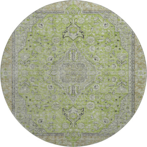 HomeRoots 8' Lime Green and Gray Floral Medallion Round Rug - Washable, UV-Protected, Non-Slip, Durable Design 696113