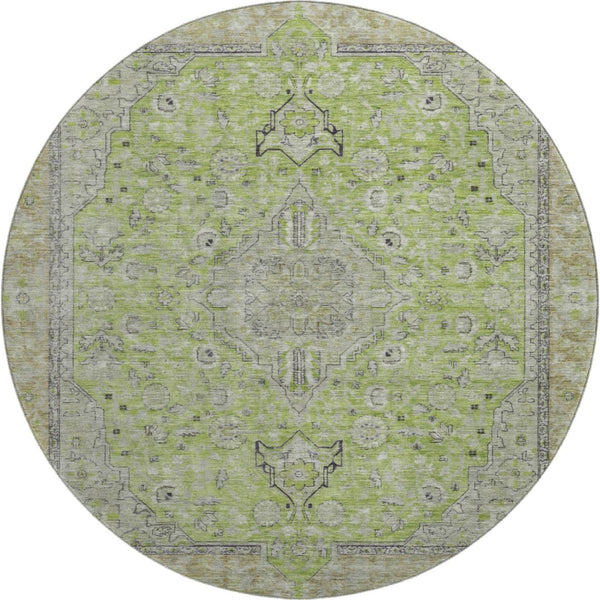 HomeRoots 8' Lime Green and Gray Floral Medallion Round Rug - Washable, UV-Protected, Non-Slip, Durable Design 696113