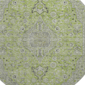 HomeRoots 8' Lime Green and Gray Floral Medallion Round Rug - Washable, UV-Protected, Non-Slip, Durable Design 696113