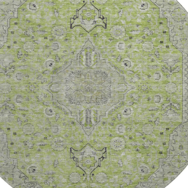 HomeRoots 8' Lime Green and Gray Floral Medallion Round Rug - Washable, UV-Protected, Non-Slip, Durable Design 696113