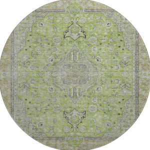 HomeRoots 8' Lime Green and Gray Floral Medallion Round Rug - Washable, UV-Protected, Non-Slip, Durable Design 696113