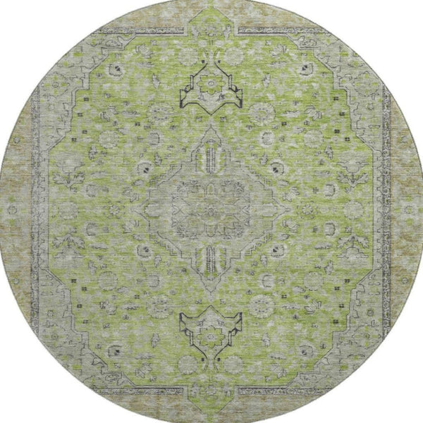 HomeRoots 8' Lime Green and Gray Floral Medallion Round Rug - Washable, UV-Protected, Non-Slip, Durable Design 696113