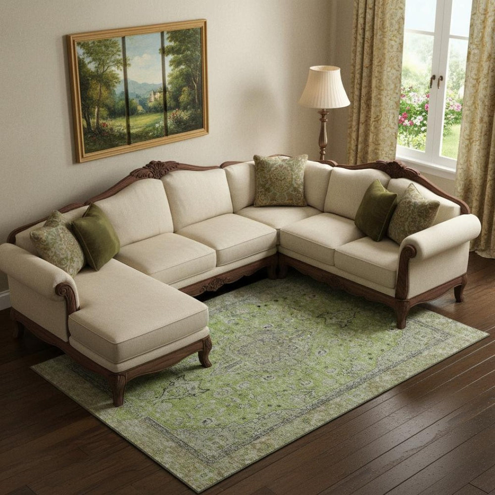 HomeRoots 9' X 12' Washable Lime Green & Gray Floral Medallion Area Rug with UV Protection for High Traffic Areas 696115