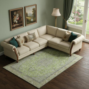 HomeRoots 10' X 14' Vibrant Lime Green & Gray Floral Medallion Area Rug - Washable, UV-Protected & Stylish 696116