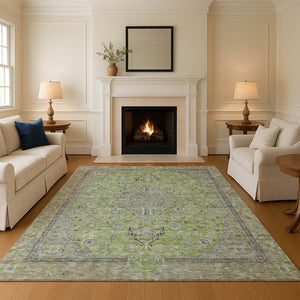 HomeRoots 10' X 14' Vibrant Lime Green & Gray Floral Medallion Area Rug - Washable, UV-Protected & Stylish 696116