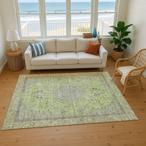 HomeRoots 10' X 14' Vibrant Lime Green & Gray Floral Medallion Area Rug - Washable, UV-Protected & Stylish 696116