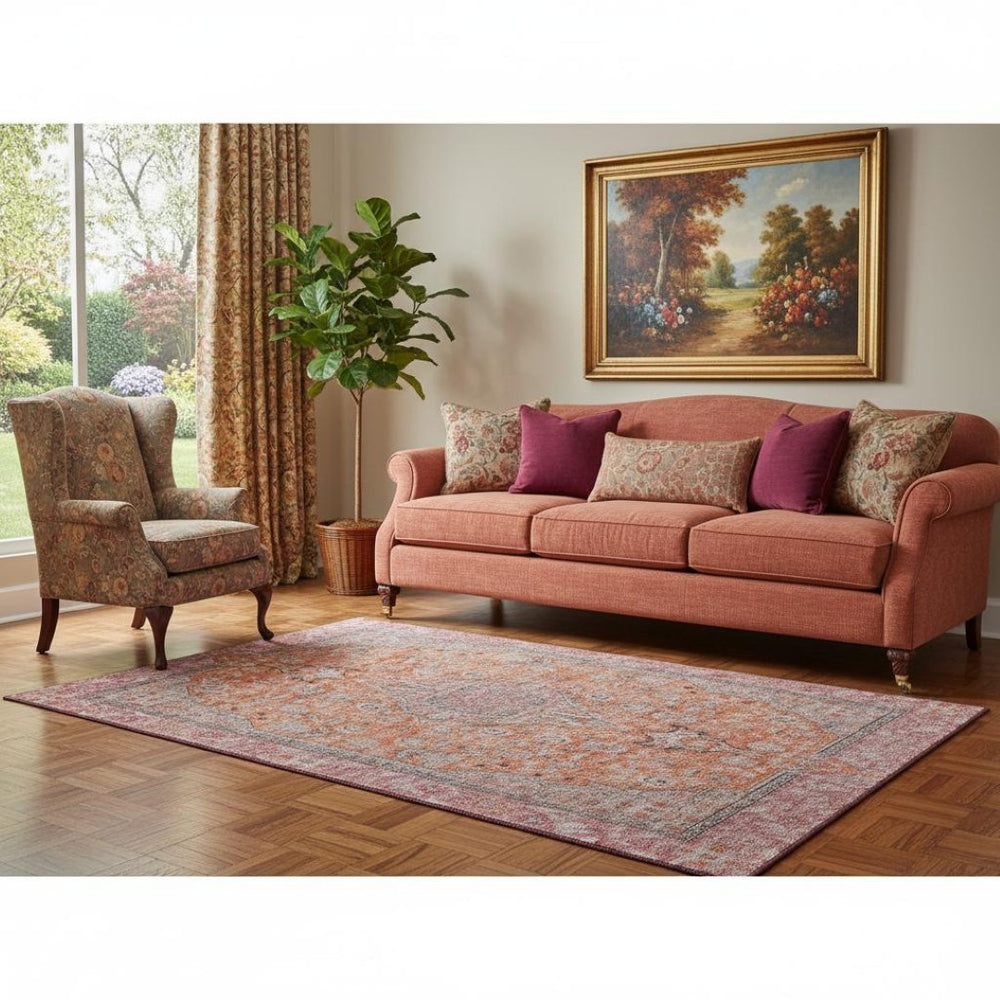 HomeRoots 5' X 8' Vibrant Orange Red and Gray Floral Medallion Washable Area Rug with UV Defense & Non-Slip Backing 696118