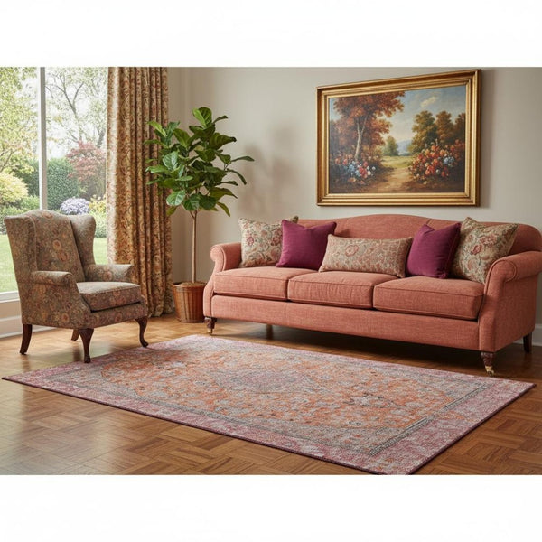 HomeRoots 5' X 8' Vibrant Orange Red and Gray Floral Medallion Washable Area Rug with UV Defense & Non-Slip Backing 696118