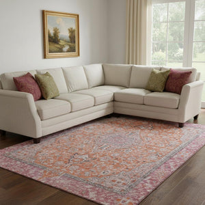 HomeRoots 8' X 10' Floral Medallion Area Rug in Orange-Red & Gray – Washable, UV-Protected & Stain Resistant 696120