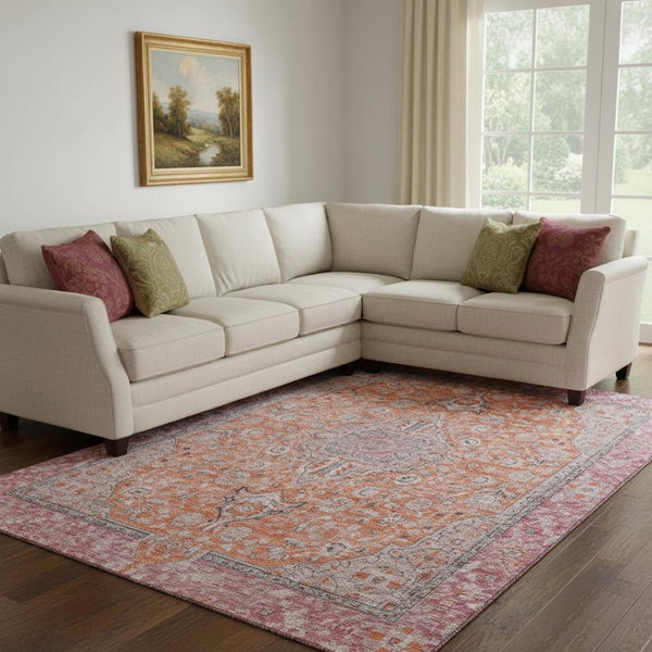 HomeRoots 8' X 10' Floral Medallion Area Rug in Orange-Red & Gray – Washable, UV-Protected & Stain Resistant 696120