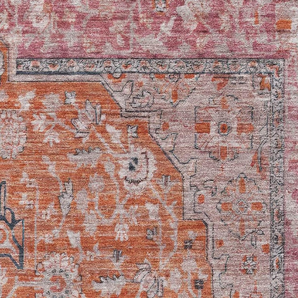 HomeRoots 8' X 10' Floral Medallion Area Rug in Orange-Red & Gray – Washable, UV-Protected & Stain Resistant 696120