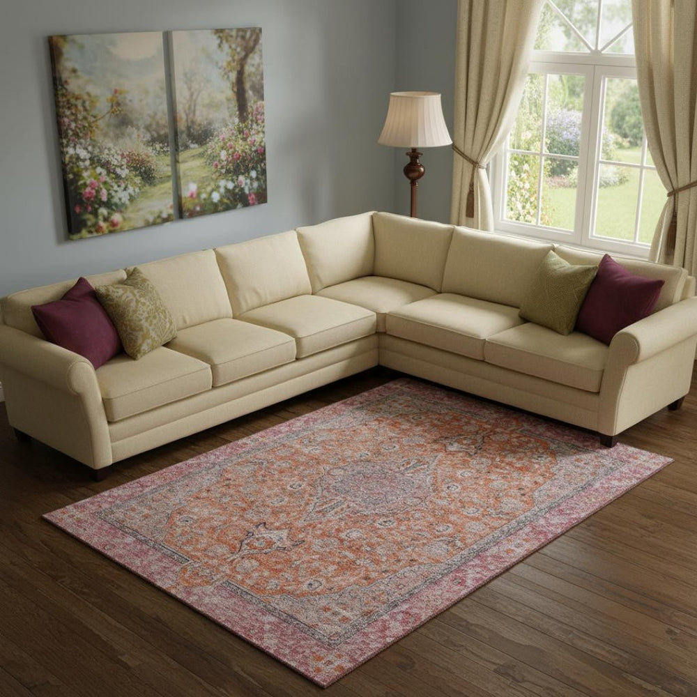 HomeRoots 9' X 12' Floral Medallion Area Rug in Orange, Red & Gray with UV Protection for Stylish Spaces 696121