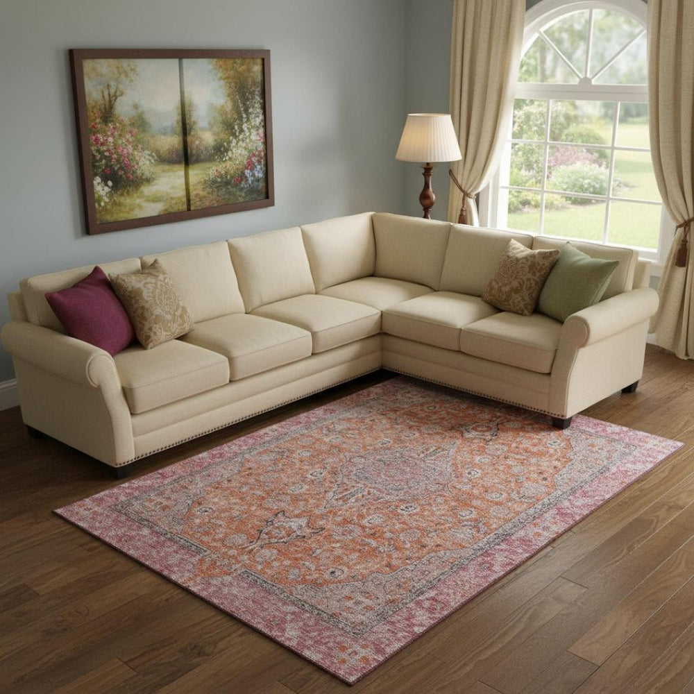 HomeRoots 10' Washable Floral Medallion Area Rug in Vibrant Orange, Red & Gray with UV Protection & Non-Slip Backing 696122