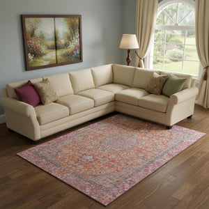 HomeRoots 10' Washable Floral Medallion Area Rug in Vibrant Orange, Red & Gray with UV Protection & Non-Slip Backing 696122