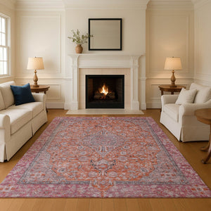 HomeRoots 10' Washable Floral Medallion Area Rug in Vibrant Orange, Red & Gray with UV Protection & Non-Slip Backing 696122