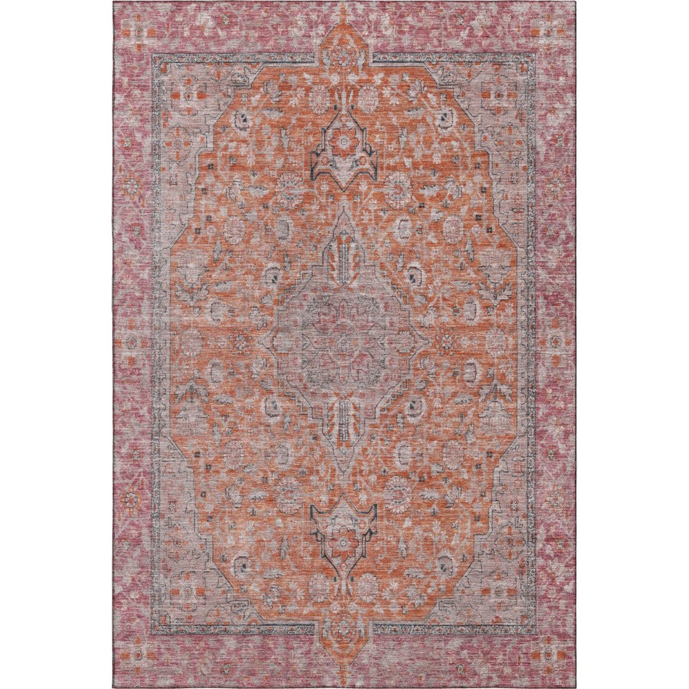 HomeRoots 10' Washable Floral Medallion Area Rug in Vibrant Orange, Red & Gray with UV Protection & Non-Slip Backing 696122