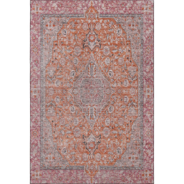 HomeRoots 10' Washable Floral Medallion Area Rug in Vibrant Orange, Red & Gray with UV Protection & Non-Slip Backing 696122
