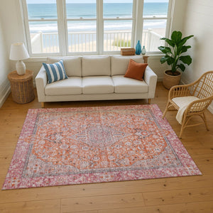 HomeRoots 10' Washable Floral Medallion Area Rug in Vibrant Orange, Red & Gray with UV Protection & Non-Slip Backing 696122