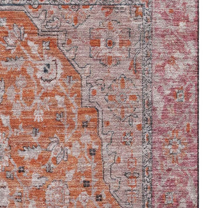 HomeRoots 10' Washable Floral Medallion Area Rug in Vibrant Orange, Red & Gray with UV Protection & Non-Slip Backing 696122