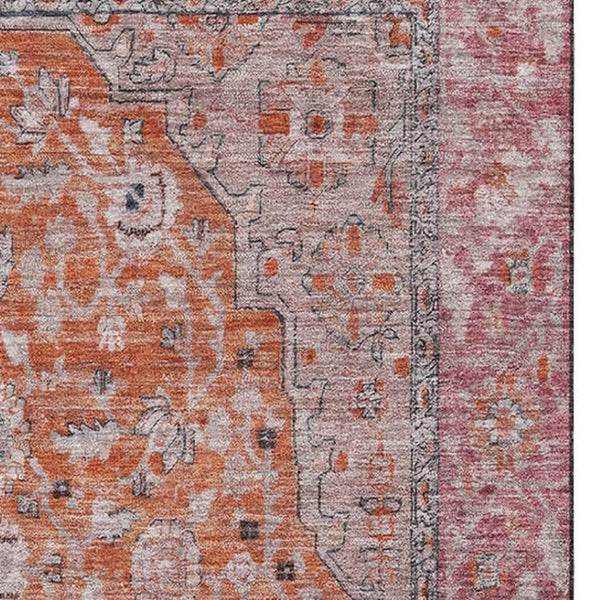 HomeRoots 10' Washable Floral Medallion Area Rug in Vibrant Orange, Red & Gray with UV Protection & Non-Slip Backing 696122