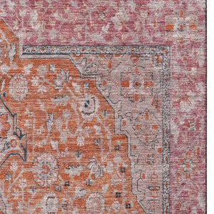 HomeRoots 10' Washable Floral Medallion Area Rug in Vibrant Orange, Red & Gray with UV Protection & Non-Slip Backing 696122