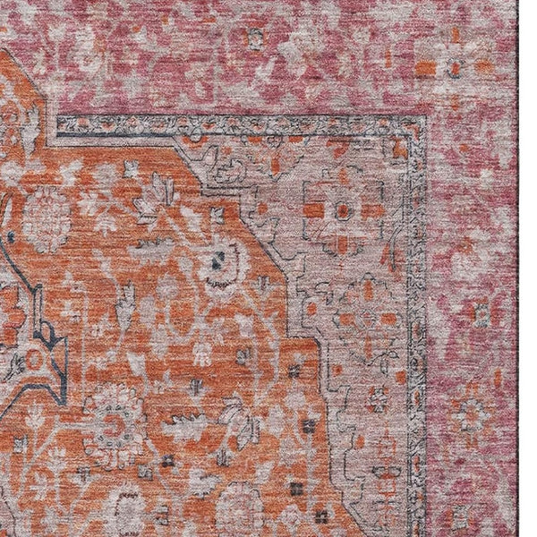 HomeRoots 10' Washable Floral Medallion Area Rug in Vibrant Orange, Red & Gray with UV Protection & Non-Slip Backing 696122