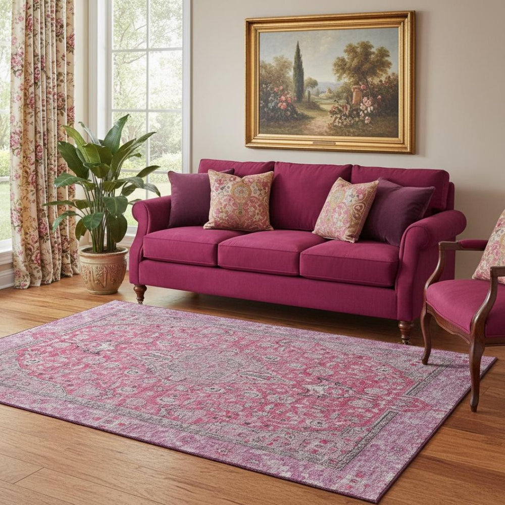 HomeRoots 5' X 8' Pink Mauve & Gray Floral Medallion Area Rug - Washable, UV Protected, Stain Resistant Elegance 696124