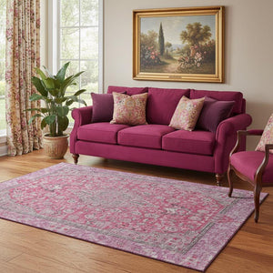 HomeRoots 5' X 8' Pink Mauve & Gray Floral Medallion Area Rug - Washable, UV Protected, Stain Resistant Elegance 696124