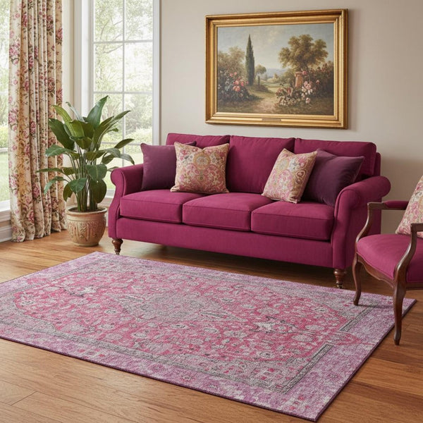 HomeRoots 5' X 8' Pink Mauve & Gray Floral Medallion Area Rug - Washable, UV Protected, Stain Resistant Elegance 696124