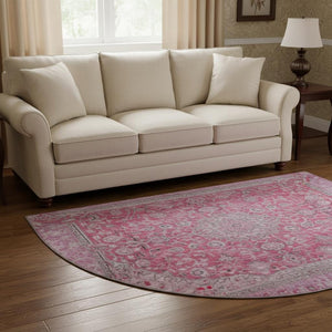 HomeRoots 8' Pink Mauve & Gray Floral Medallion Round Rug - Washable, UV Protected, Stylish & Durable Design 696125